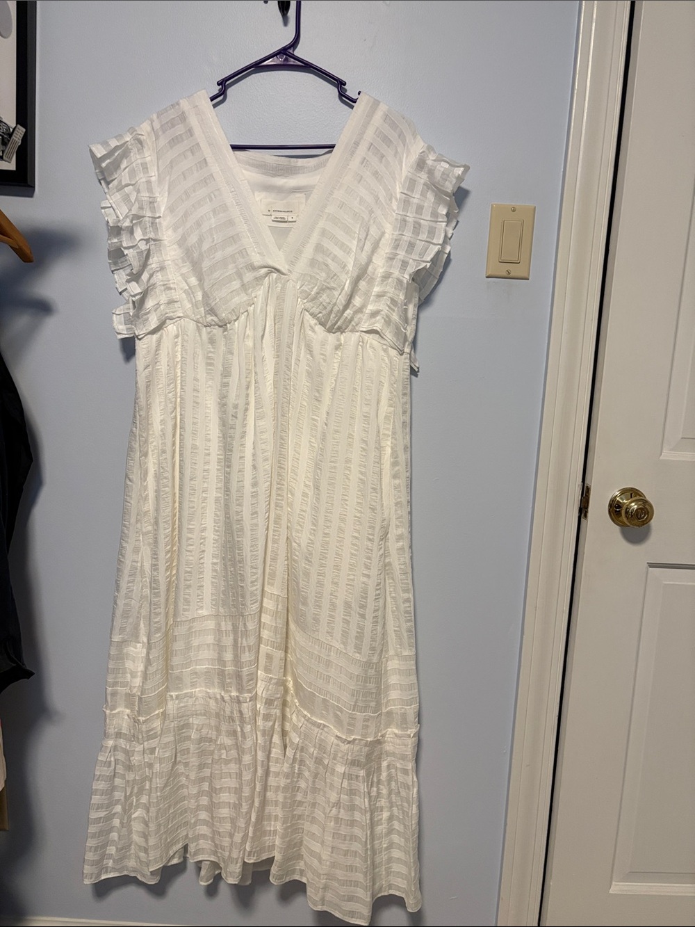 Anthropologie Ivory Textured V-Neck Ruffle-Sleeve Maxi Dress
